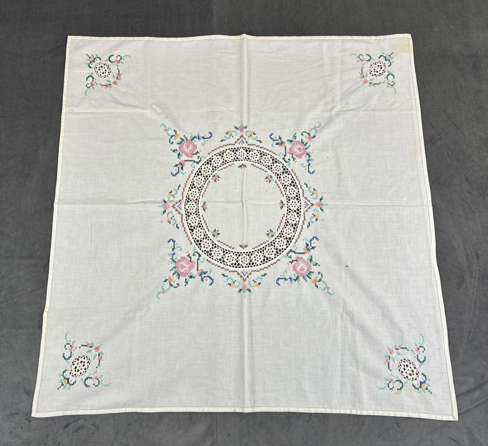 Vintage White Linen Tablecloth Embroidered Cross Stitched Floral Lace Charity